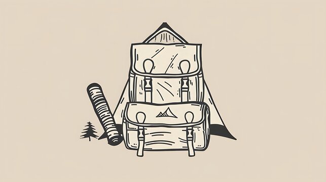 backpack tent sleeping pad outline beige background