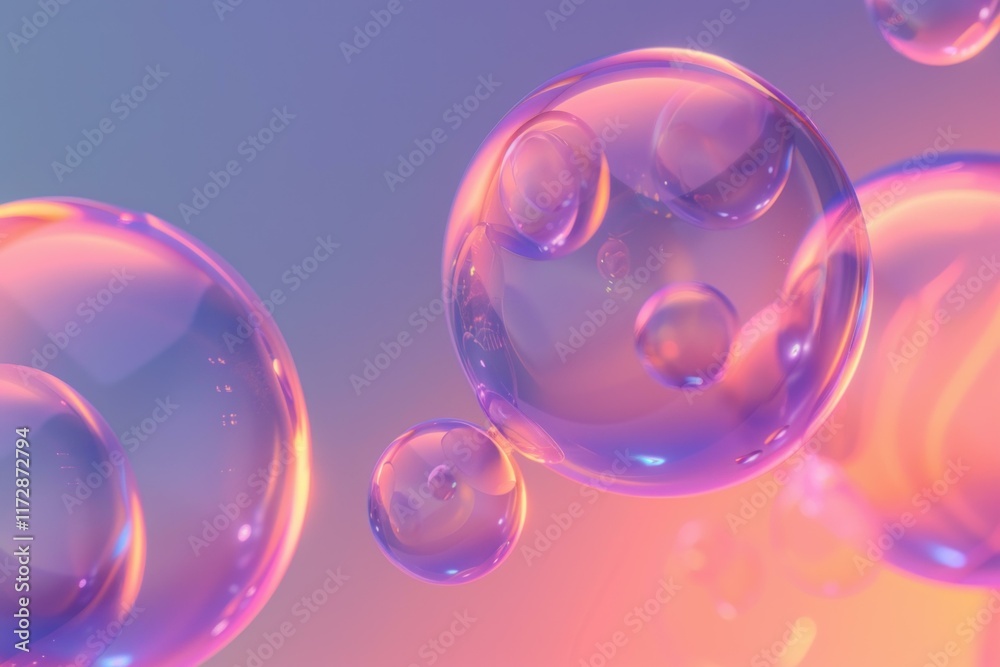 Poster 3d render of transparent spheres floating on gradient background with smaller bubbles inside