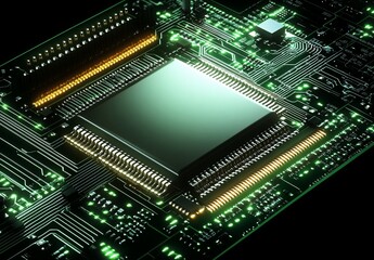 Close-up of a computer microprocessor on a circuit board.