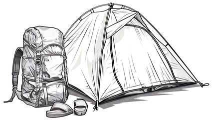 camping tent backpack line art