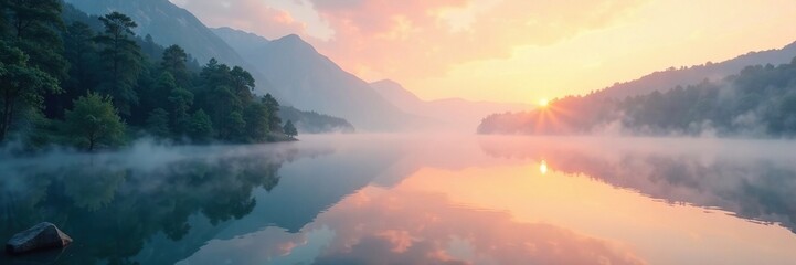 Obraz premium Ethereal mist rising from a serene lake at dawn, mist, peaceful