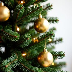 Fir branches on Christmas tree with golden lights and ornaments, evergreen, festive, branches