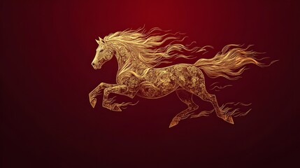 A vintage vector illustration of a heraldic black horse silhouette, a powerful symbol of the year, perfect for tattoo design or fantasy art decoration, perfect for Chinese New Year decorations. Gold