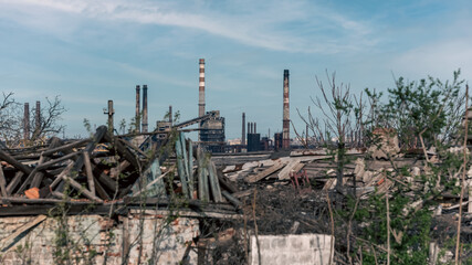 destroyed and burned houses in the city in Ukraine