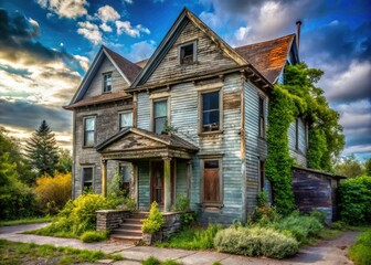 Derelict House, Abandoned Building, Urban Decay, Grey House, Broken Windows, Boarded Up, Residential Street, Documentary Photography