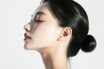 Elegant Korean Model Profile with Radiant Skin, Perfect for Luxury Skincare and Beauty Ads