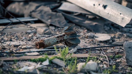 destroyed and burned houses in the city in Ukraine