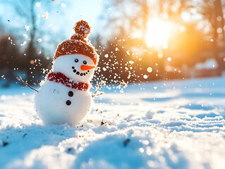 Joyful snowman in winter wonderland, sunset background, perfect for holiday cards