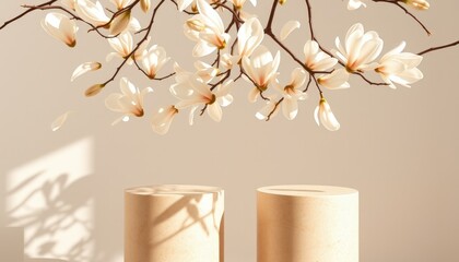 Light Beige Magnolias Gracefully Drifting Above Polished Sandstone Pedestals - Perfect for Nature and Decorative Projects