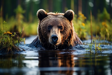 brown bear's impressive presence in swamp highlights its strength, beauty of water reflections, and...