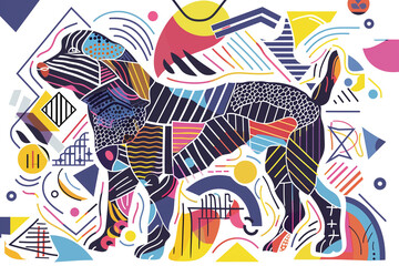 Obraz premium A lively and colorful line art of a dog with abstract geometric shapes surrounding the dog.