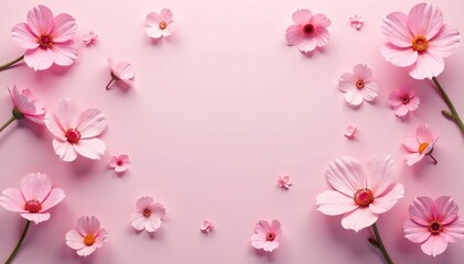 Delicate pink flowers scattered across a soft pastel pink background, flowers, gentle texture