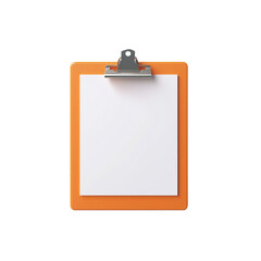 3D orange clipboard icon with a metallic clip and white paper. Ideal for digital projects involving organization, notes, or office-related themes. Isolated on transparent background, png