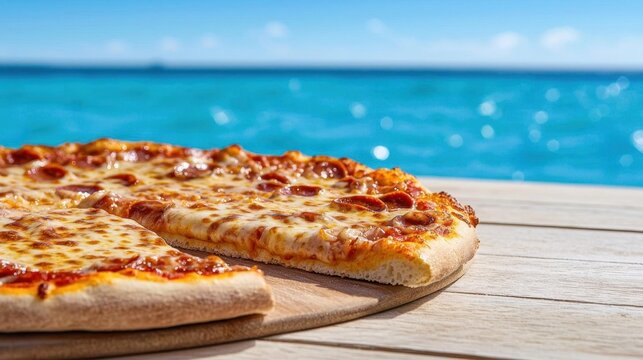 A swimming pool featuring a delicious pizza with melted cheese and fresh toppings. High Quality