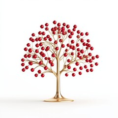 Golden tree sculpture with red fruit accents, isolated on white