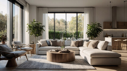 Fototapeta premium Cozy traditional rural home with neutral color sofa large windows and a vintage rug beneath the furniture traditional interior design