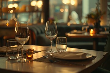 A close up shot of a restaurant table set up with tableware and wine glass. Concept of dining, hospitality and catering. Horizontal image with free space for text. MZ