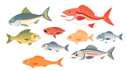 Naklejka premium Different fishes set. Seafood. Flat style cartoon fish collection. Vector set for package, label, menu. Vector illustration. Generative AI