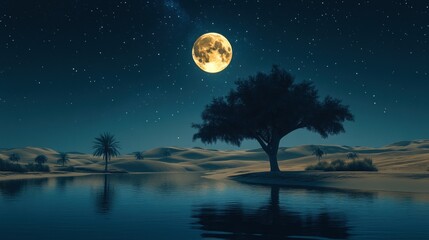 Tranquil Desert Oasis Under Vintage Dark Night with Full Moon Reflection