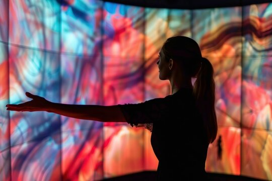 Silhouette of a woman extending her arm towards a vibrant and colorful digital art projection - Powered by Adobe