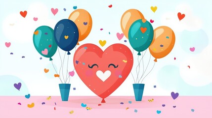 Happy heart balloon with confetti and colorful balloons
