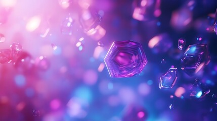 Abstract background of translucent hexagons floating in a digital space with blue and purple gradients.