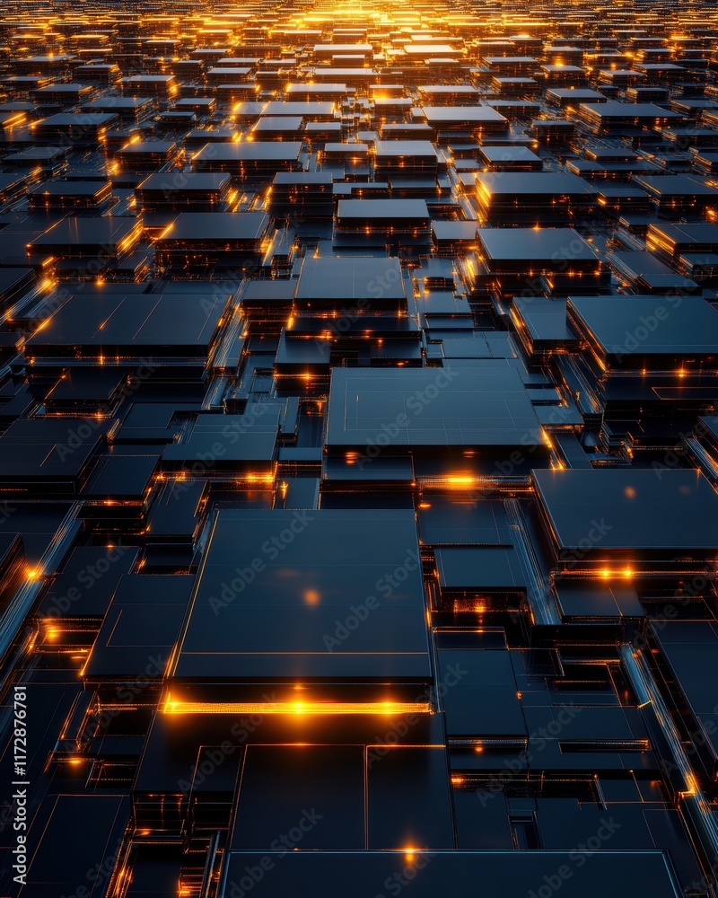 Fototapete an intricate view of a futuristic digital landscape filled with glowing black blocks and luminous li
