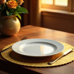 Wooden table with golden placemat and silverware on a warm background, silverware, wooden, depth