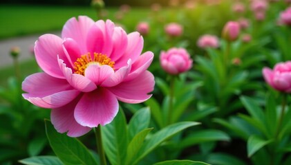 Pink peony flower with lush green leaves in a garden bed, spring, flowers