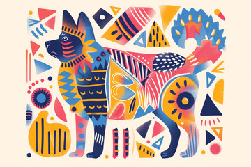 A lively and colorful line art of a dog with abstract geometric shapes surrounding the dog.