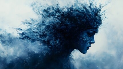 A digital painting depicting a woman merging with ocean waves, evoking feelings of sadness and mystery. the feeling of being overwhelmed, abstract