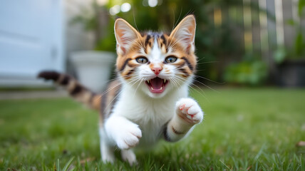 a cute cat playing in the backyard, with a cheerful and adorable expression.