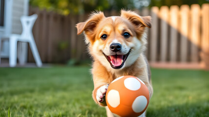 a cute dog playing with a ball in the backyard, with a cheerful and adorable expression