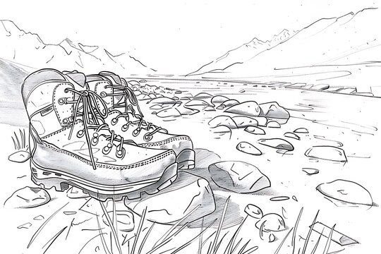 hiking boots by river
