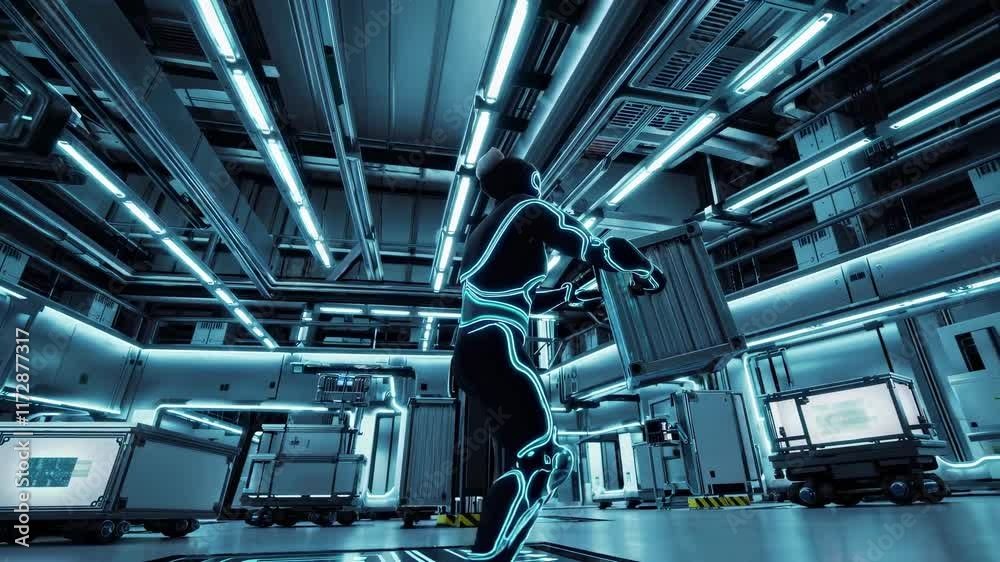 Poster advanced robotic arms lift and move containers in a high-tech warehouse environment at night