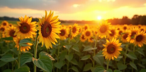 Obraz premium Soft light on harvested sunflowers in the evening, field, agricultural, wheat