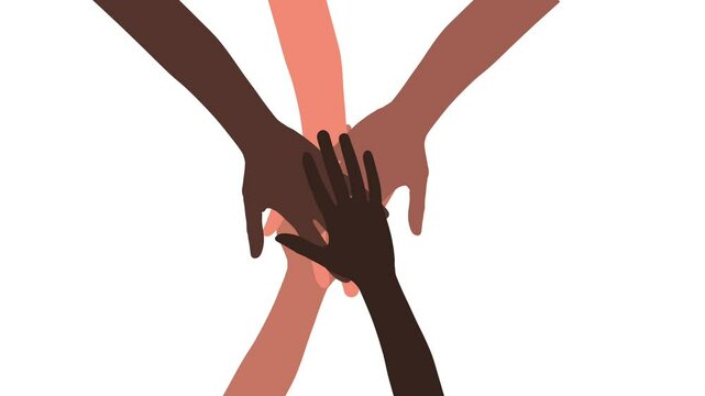 Animation of hands of a multiethnic and multicultural group of people putting their hands together. Friends, work team or group of people do a group huddle. White and green screen background.