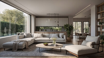 Fototapeta premium Inviting traditional rural home with neutral color sofa large windows and soft rug beneath the furniture traditional interior design