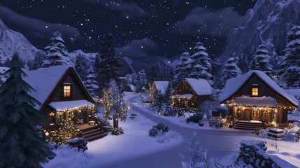 Fototapeta premium Snowy mountain village at night with cozy cabins and Christmas lights.