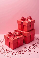 Obraz premium Three red gift boxes with sequins on a pastel pink surface, gift boxes, gift