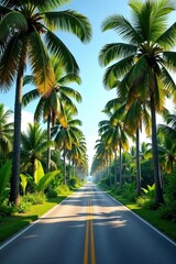 Obraz premium Tropical road with coconut palms on either side, palm tree, tropical, nature