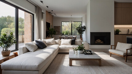 Fototapeta premium Relaxing traditional rural home with neutral color sofa expansive windows and soft wool rug under furniture traditional interior design