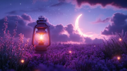 Soft Glowing Lantern in a Lavender Floral Landscape at Dusk