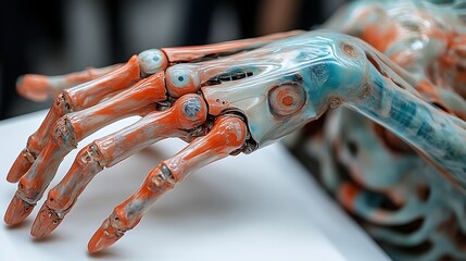 Close-up of a robotic hand, showcasing intricate details and translucent materials.