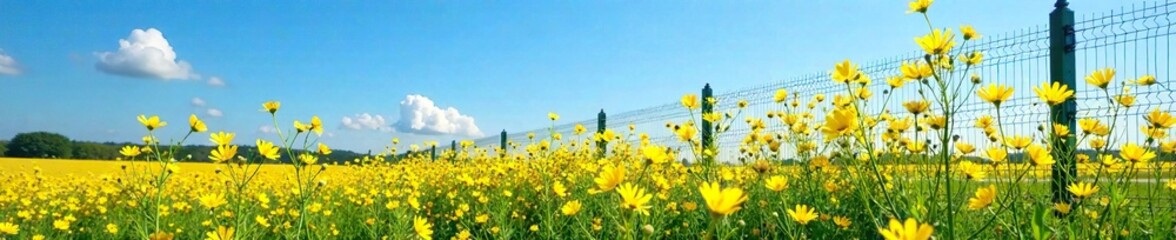Fototapeta premium Rapeseed flowers swaying in the breeze next to a metal fence under a bright blue sky, flowers, breeze