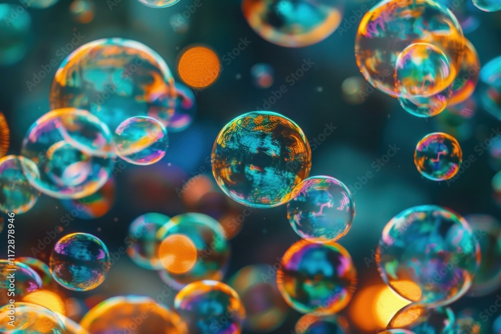 Poster colorful soap bubbles floating and creating an abstract background with bokeh lights
