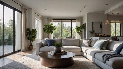 Serene traditional rural home interior with neutral color sofa large windows and cozy rug under furniture traditional interior design