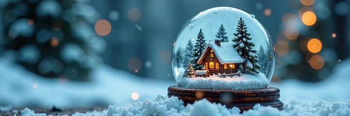 Icy snow globe with a miniature winter wonderland inside, icy container, miniature snow globe
