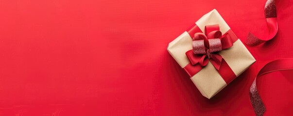 Red gift box with a ribbon on a red background. Perfect for celebrations, holidays, and special occasions. Flat lay composition. MZ