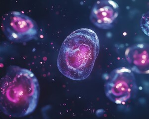 Naklejka premium Human cells merging with nanotechnology particles, visualizing bioengineering advancements, efficiency, and sustainable growth